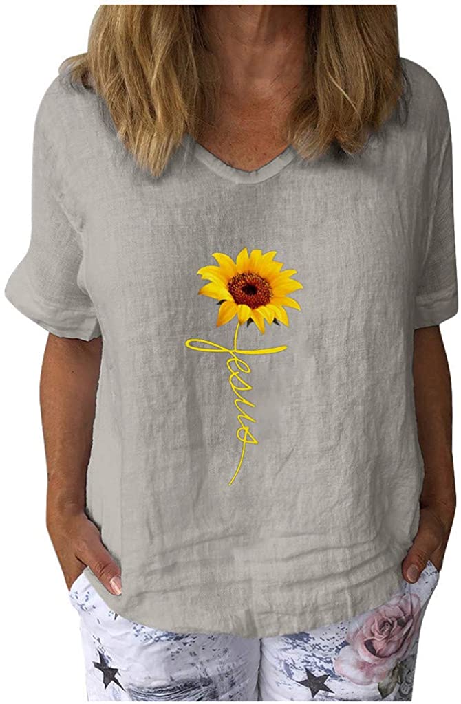 Dosoop Women Sunflower Print Linen Shirts Summer Short Sleeve Basic V Neck Loose Casual Tops T-Shirt