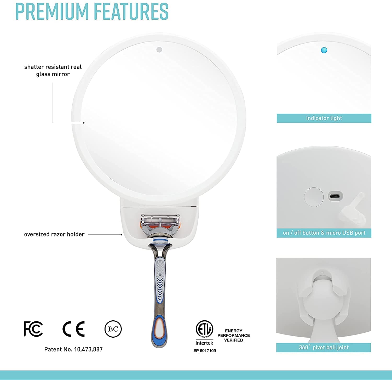 Airia Living Battery Powered Heated Glass Fogless Efficient Shaving Mirror Shatterproof Shower Mirro