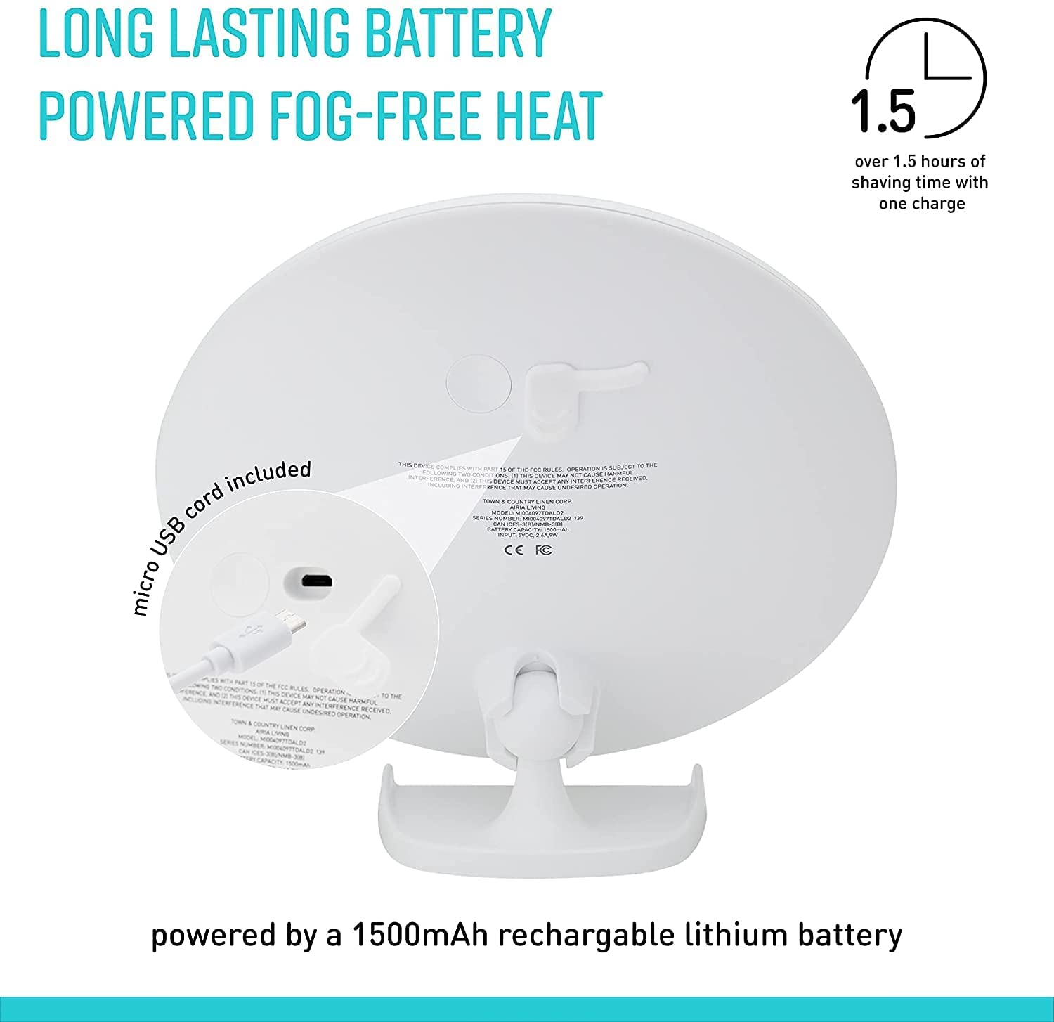 Airia Living Battery Powered Heated Glass Fogless Efficient Shaving Mirror Shatterproof Shower Mirro