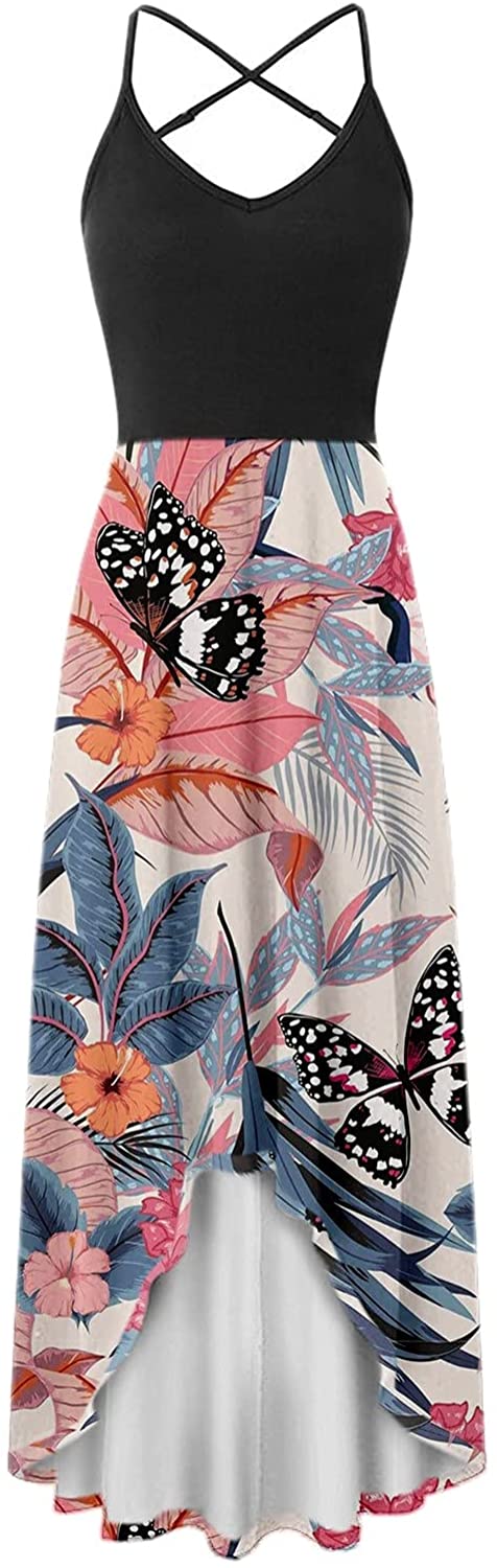 WYTong Women Party Maxi Dress V-Neck Elegant Irregular Hem Prints Summer Beach Dress Spaghetti Strap