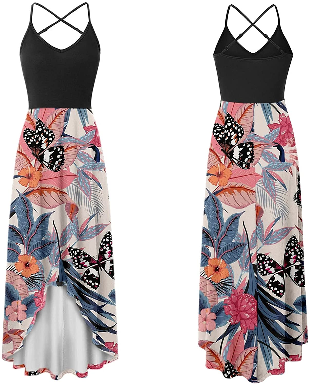 WYTong Women Party Maxi Dress V-Neck Elegant Irregular Hem Prints Summer Beach Dress Spaghetti Strap