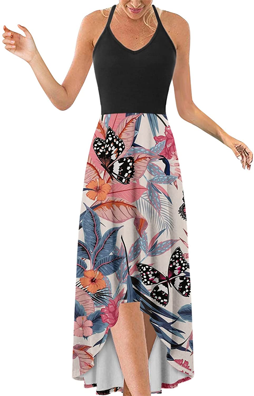 WYTong Women Party Maxi Dress V-Neck Elegant Irregular Hem Prints Summer Beach Dress Spaghetti Strap