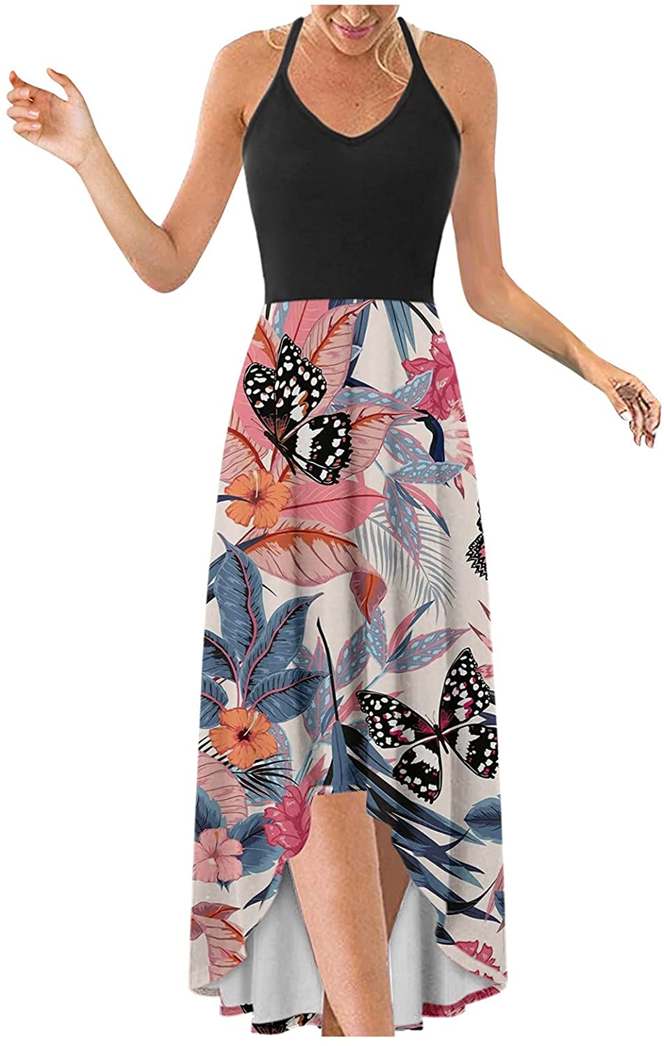 WYTong Women Party Maxi Dress V-Neck Elegant Irregular Hem Prints Summer Beach Dress Spaghetti Strap
