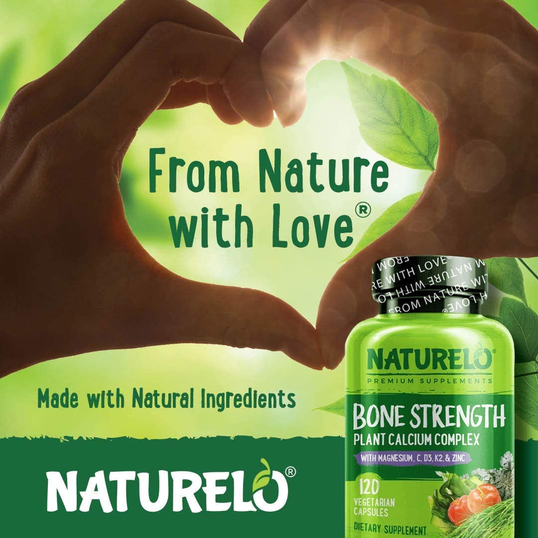 NATURELO Bone Strength - Plant-Based Calcium, Magnesium, Potassium, Vitamin D3, VIT C, K2 - GMO, Soy