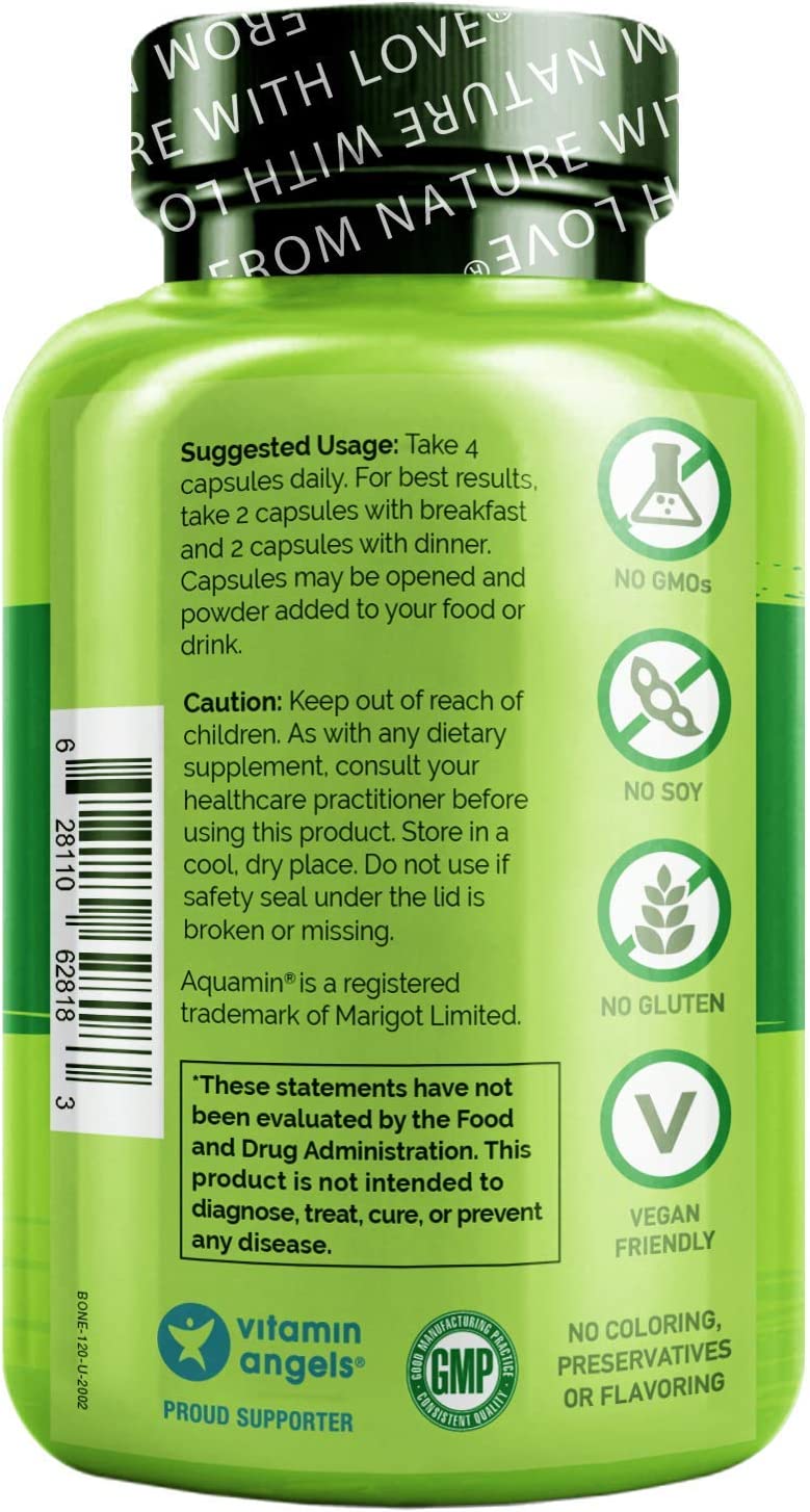 NATURELO Bone Strength - Plant-Based Calcium, Magnesium, Potassium, Vitamin D3, VIT C, K2 - GMO, Soy