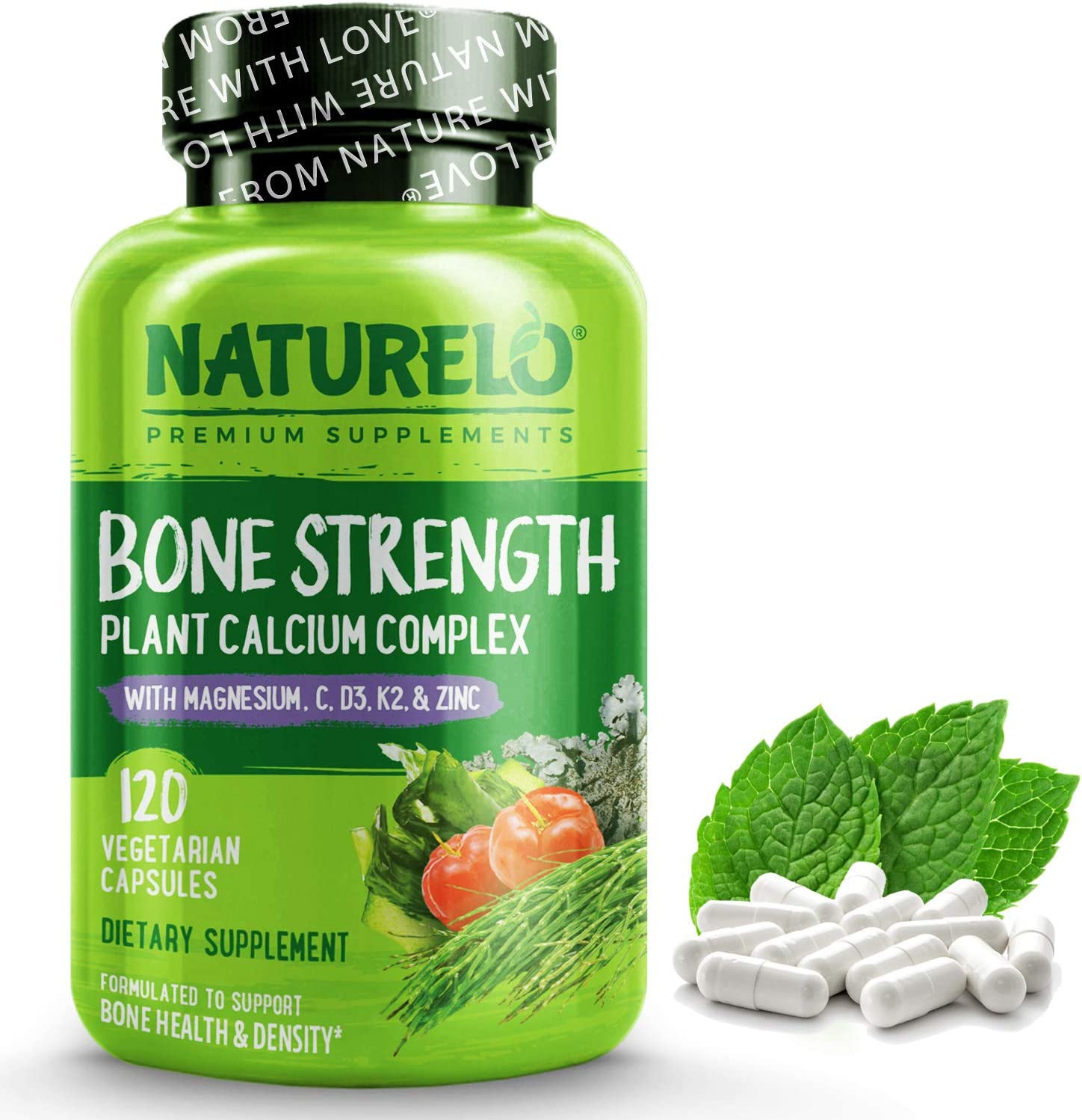 NATURELO Bone Strength - Plant-Based Calcium, Magnesium, Potassium, Vitamin D3, VIT C, K2 - GMO, Soy