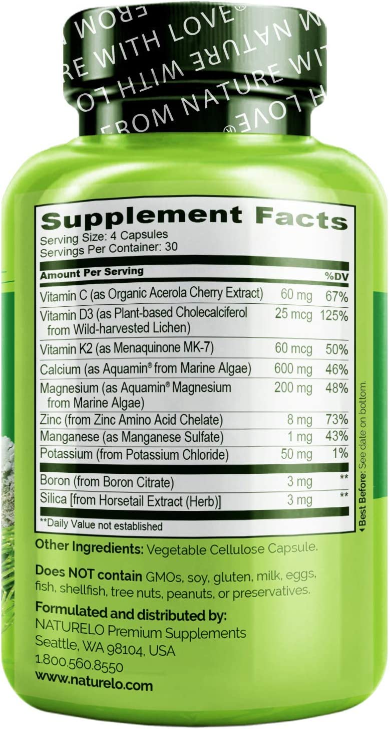 NATURELO Bone Strength - Plant-Based Calcium, Magnesium, Potassium, Vitamin D3, VIT C, K2 - GMO, Soy