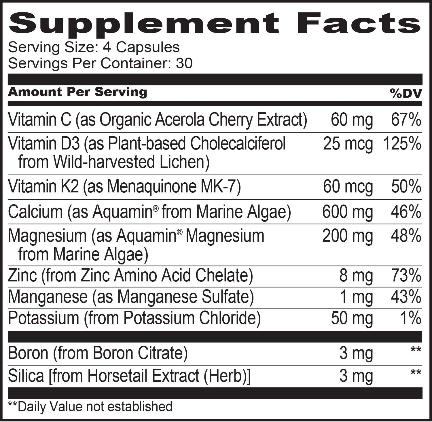 NATURELO Bone Strength - Plant-Based Calcium, Magnesium, Potassium, Vitamin D3, VIT C, K2 - GMO, Soy