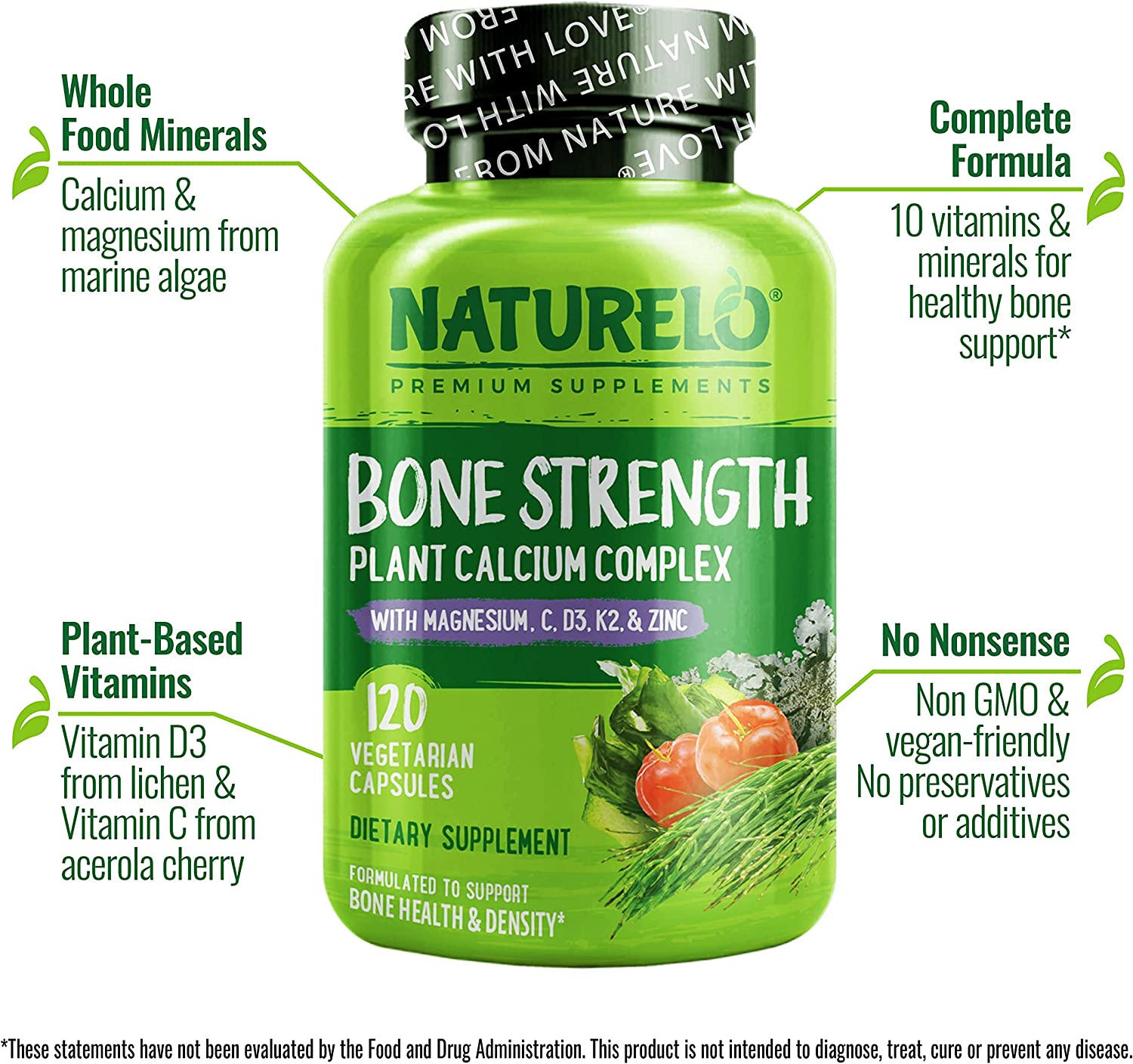 NATURELO Bone Strength - Plant-Based Calcium, Magnesium, Potassium, Vitamin D3, VIT C, K2 - GMO, Soy