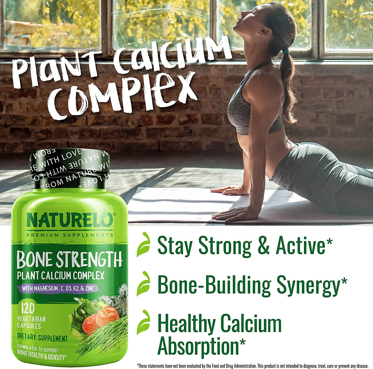 NATURELO Bone Strength - Plant-Based Calcium, Magnesium, Potassium, Vitamin D3, VIT C, K2 - GMO, Soy