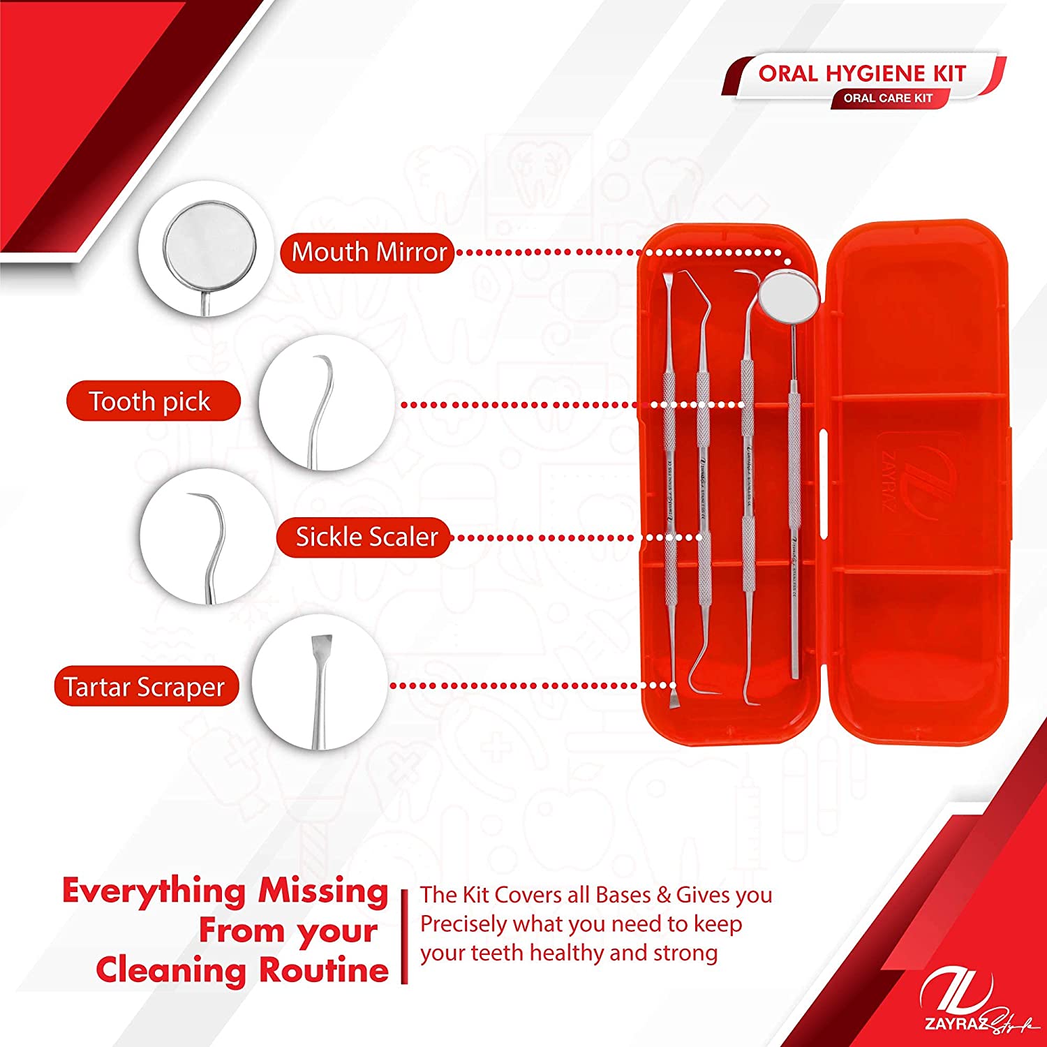 Zayraz Style Professional Dental Hygiene Kit- Calculus & Plaque Remover Set of 4 - Stainless Steel T