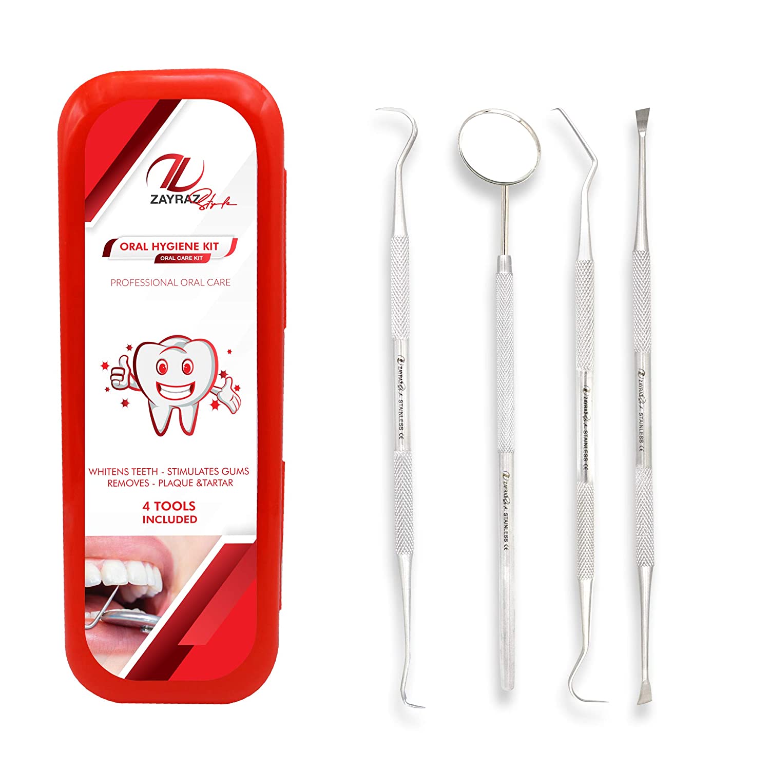 Zayraz Style Professional Dental Hygiene Kit- Calculus & Plaque Remover Set of 4 - Stainless Steel T