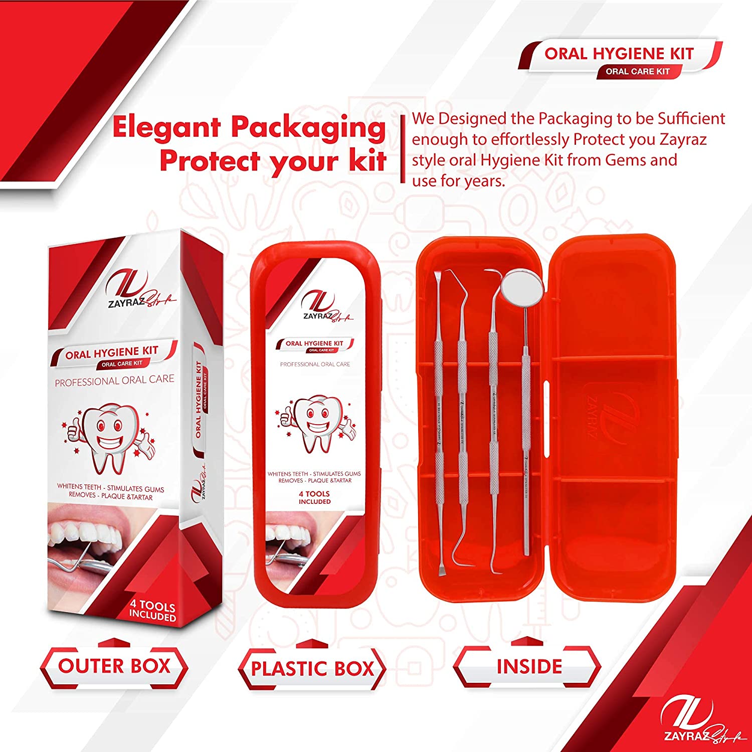 Zayraz Style Professional Dental Hygiene Kit- Calculus & Plaque Remover Set of 4 - Stainless Steel T