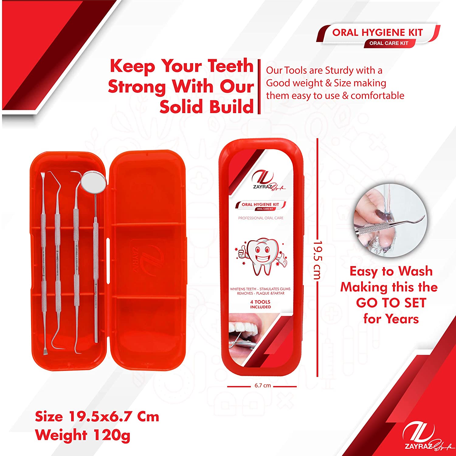 Zayraz Style Professional Dental Hygiene Kit- Calculus & Plaque Remover Set of 4 - Stainless Steel T