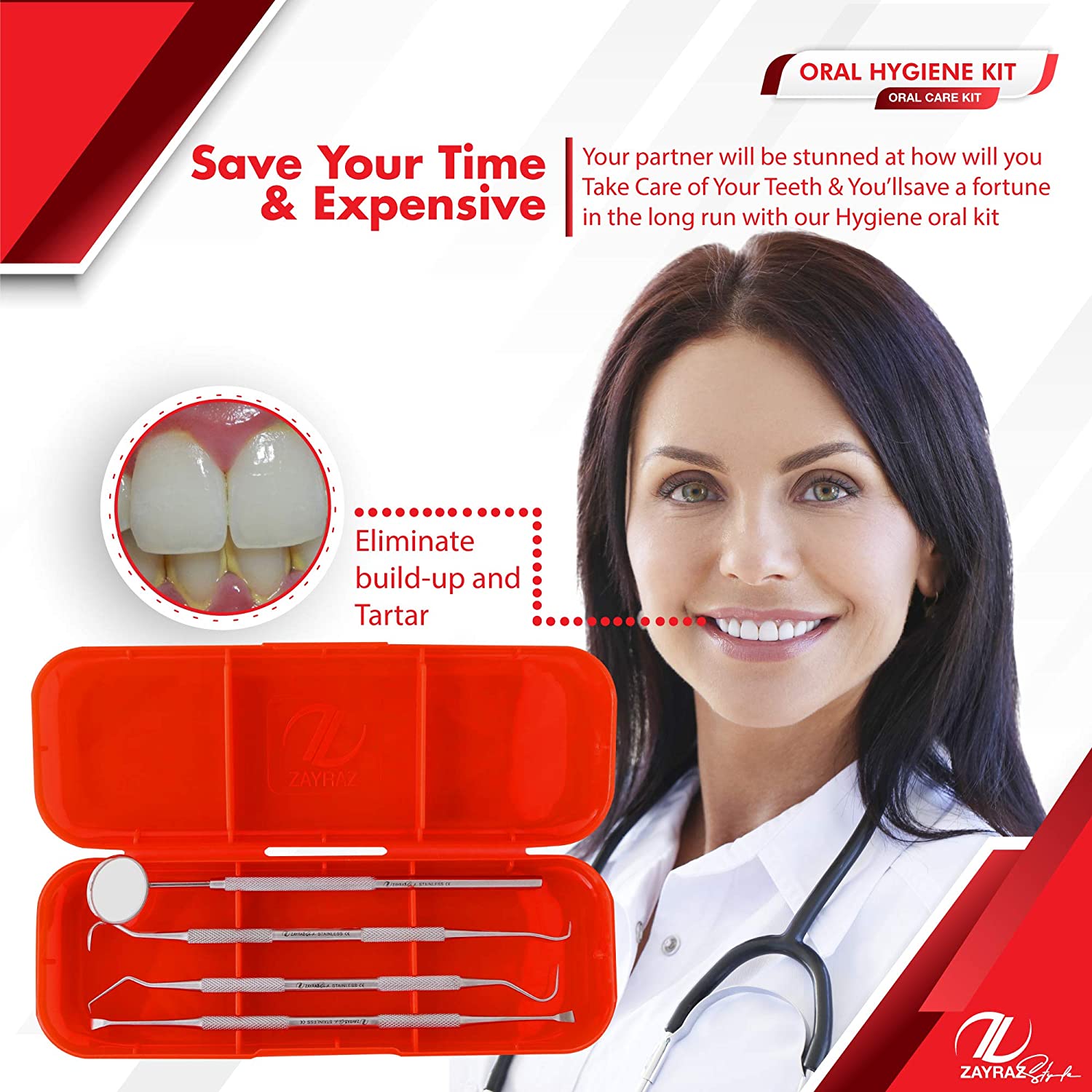 Zayraz Style Professional Dental Hygiene Kit- Calculus & Plaque Remover Set of 4 - Stainless Steel T