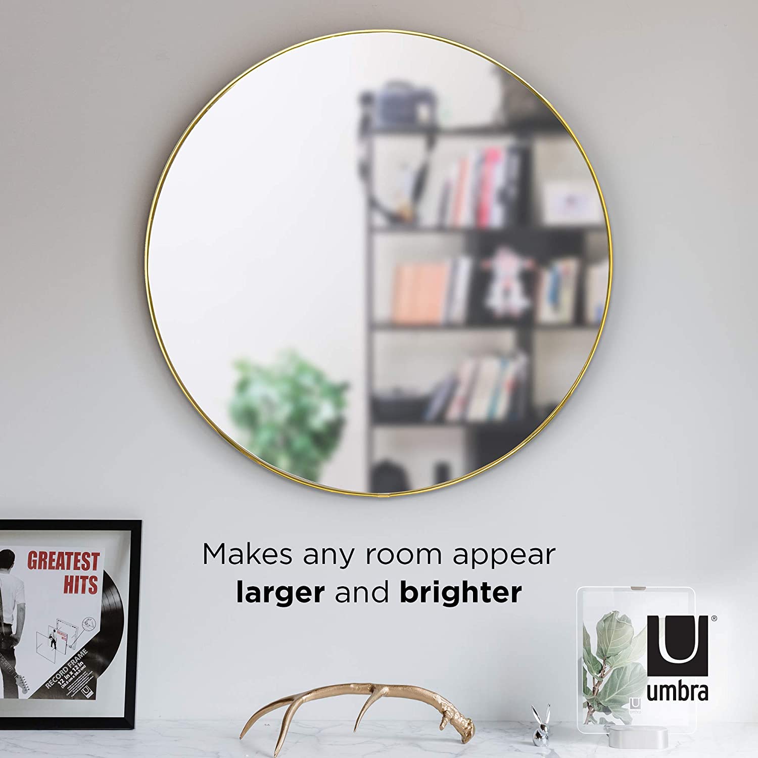 Umbra Hub Rubber Frame, Wall Mirror for Entryways, Bathrooms, Living Rooms and More, 34-Inch, Brass