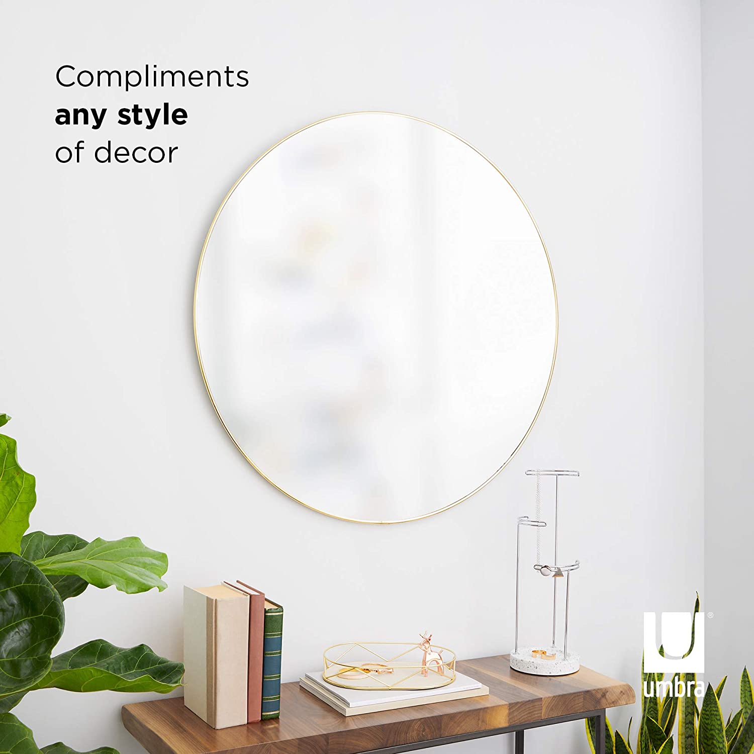 Umbra Hub Rubber Frame, Wall Mirror for Entryways, Bathrooms, Living Rooms and More, 34-Inch, Brass
