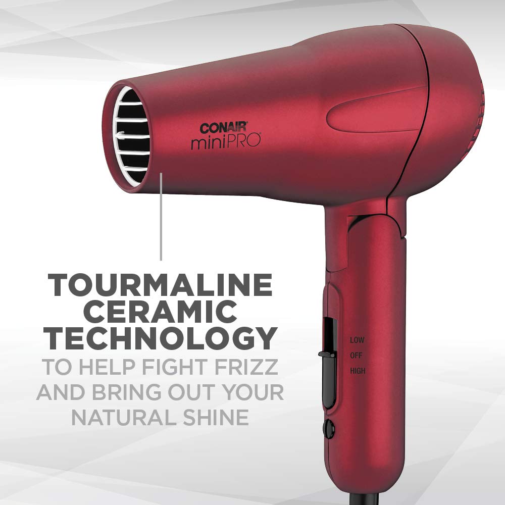 Conair miniPRO Tourmaline Ceramic Travel Hair Dryer with Folding Handle, Red