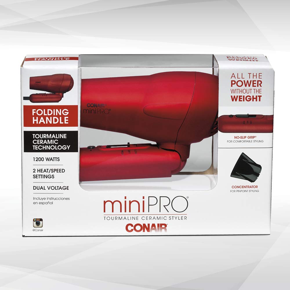 Conair miniPRO Tourmaline Ceramic Travel Hair Dryer with Folding Handle, Red