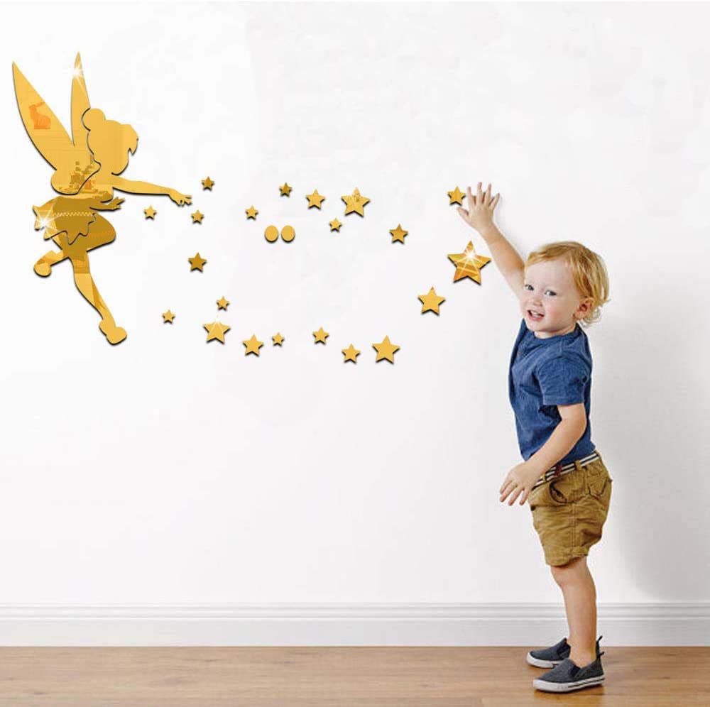 QJKai 12 Pieces Mirror Wall Art Fairies Scatter Stars Big Mirror for Living Room for Bedroom, Home, 