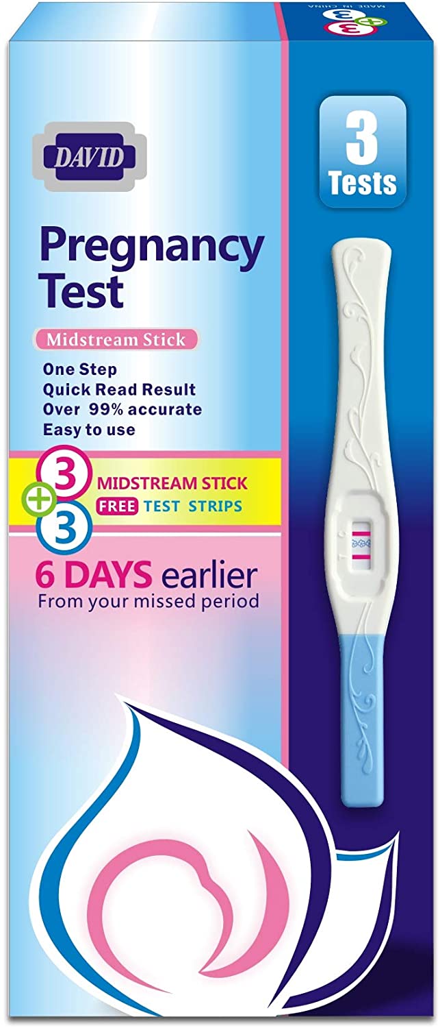 David 3 HCG Pregnancy Test Midstream Sticks and 3 Test Strips with 3 Free Urine Cups Individually-Se