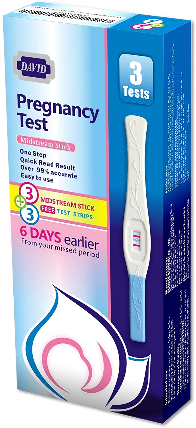 David 3 HCG Pregnancy Test Midstream Sticks and 3 Test Strips with 3 Free Urine Cups Individually-Se