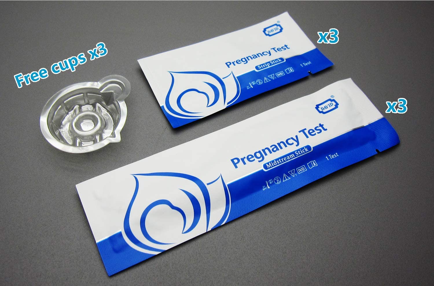 David 3 HCG Pregnancy Test Midstream Sticks and 3 Test Strips with 3 Free Urine Cups Individually-Se