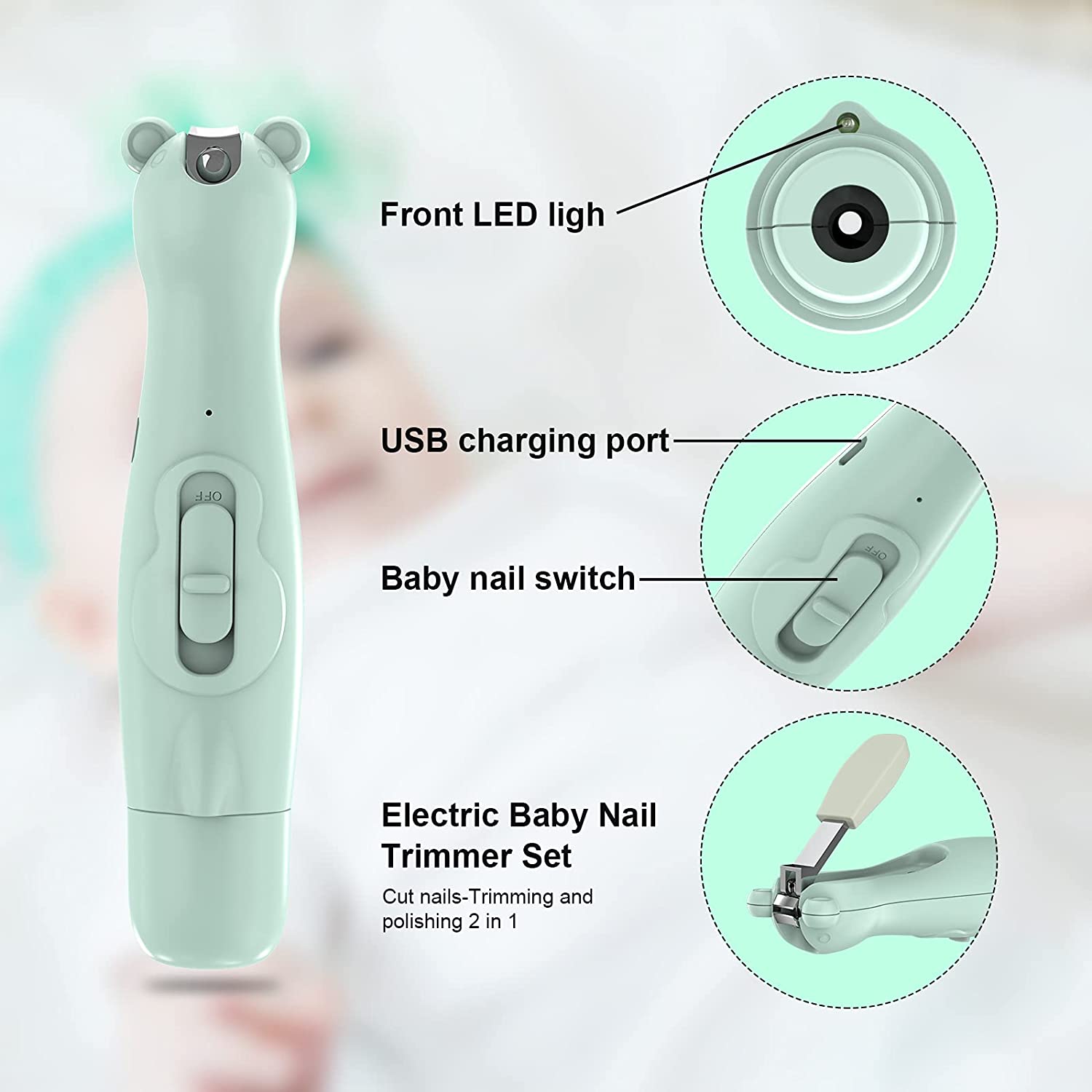 Grarg Baby Nail Clippers,Safe Baby Nail Trimmer Electric Manicure Set With Nail Clippers,USB Baby N