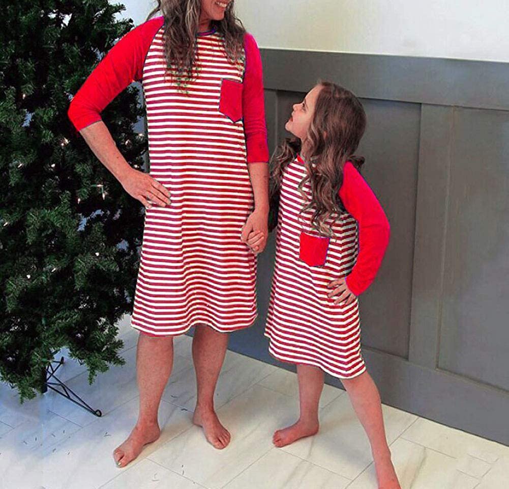 Christmas Casual Mother Daughter Winter Red Striped Maxi Dress Family Matching Pajamas Nightgown Dre