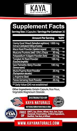 Kaya Naturals Horny Goat Weed Extract 1560mg Maca, Saw Palmetto Ginseng, Arginine Libido Enhancing V