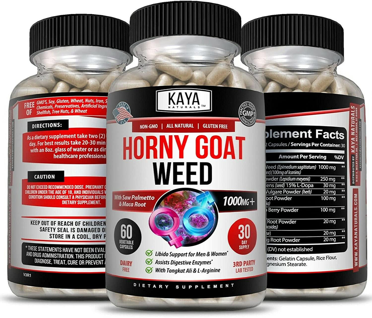 Kaya Naturals Horny Goat Weed Extract 1560mg Maca, Saw Palmetto Ginseng, Arginine Libido Enhancing V