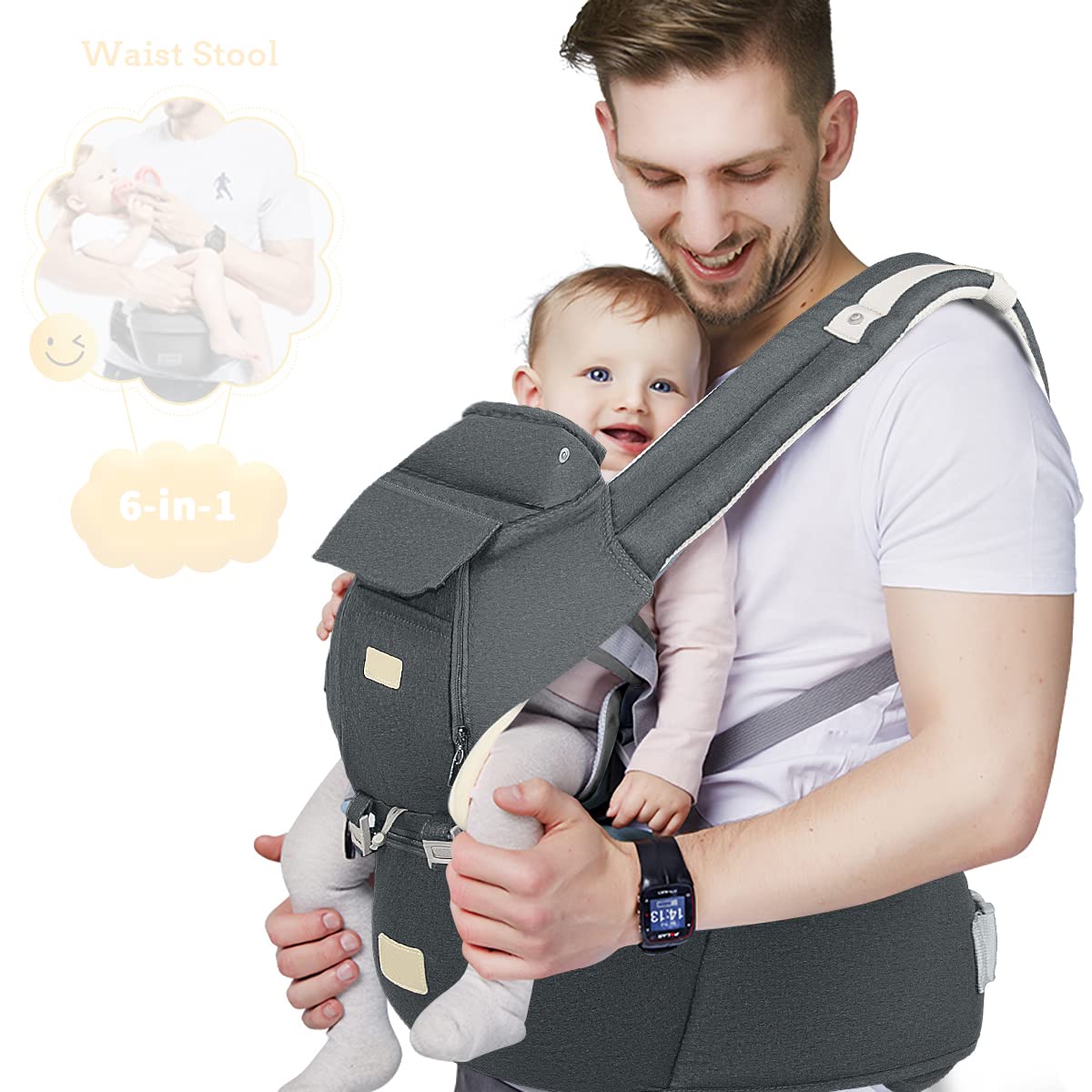 FRUITEAM Baby Carrier, 6-in-1 Baby Carrier with Waist Stool, One Size Fits All -Adapt to Newborn, Ba
