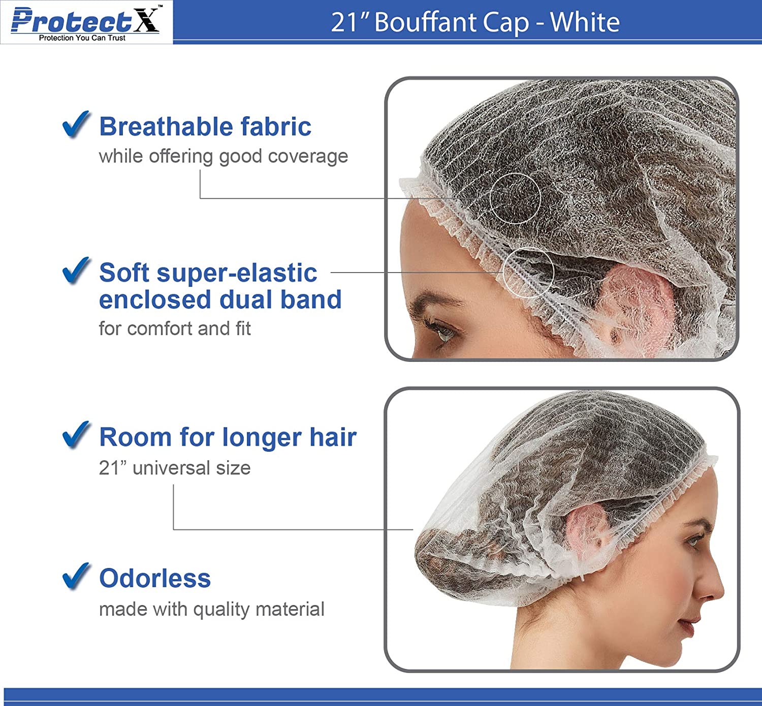 ProtectX Disposable Bouffant (Hair Net) Caps Hair Head Cover Nets 21” (White 500 pack)