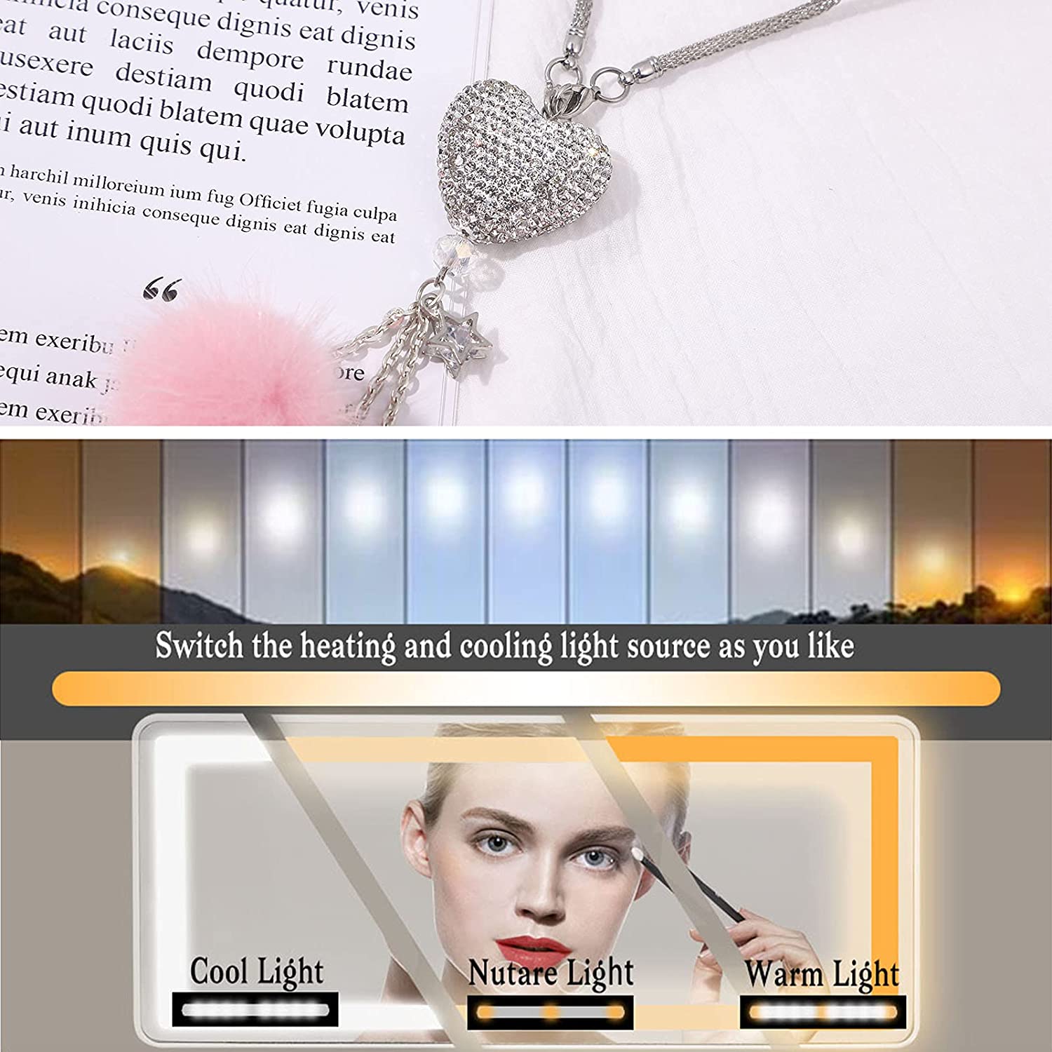 Car Visor Mirror Car Makeup Mirror with LED Lights for Car Truck SUV Rear View Mirror Sun-Shading Co