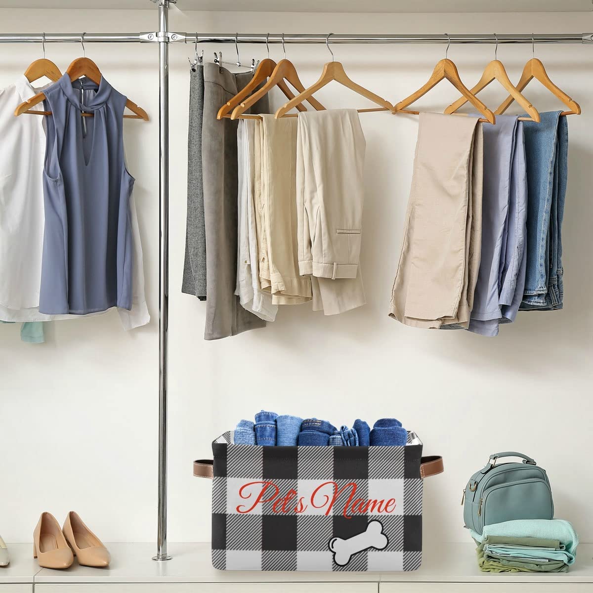 Black White Buffalo Plaid Personalised Pet Canvas toy basket, dog toy basket, pet basket, gifts her