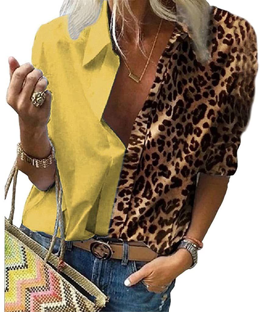 Dosoop Womens Casual Long Sleeve V Neck Leopard Patchwork Long Sleeve Popular Tunic T Shirts Blouses