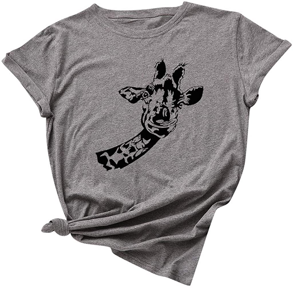 Dosoop Women Summer Crewneck T-Shirt Tops Cute Giraffe Print Casual Loose Short Sleeve Tees Shirt Tu