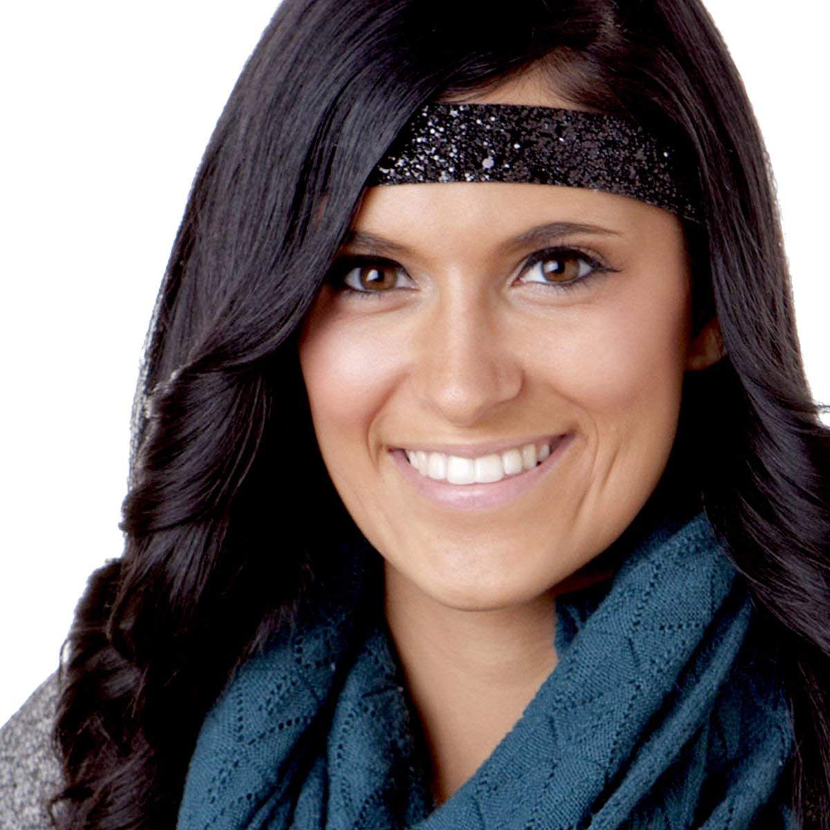 Hipsy Adjustable Non Slip Fashion Wide Bling Glitter Headbands for Women Girls & Teens 2-Pack (Black