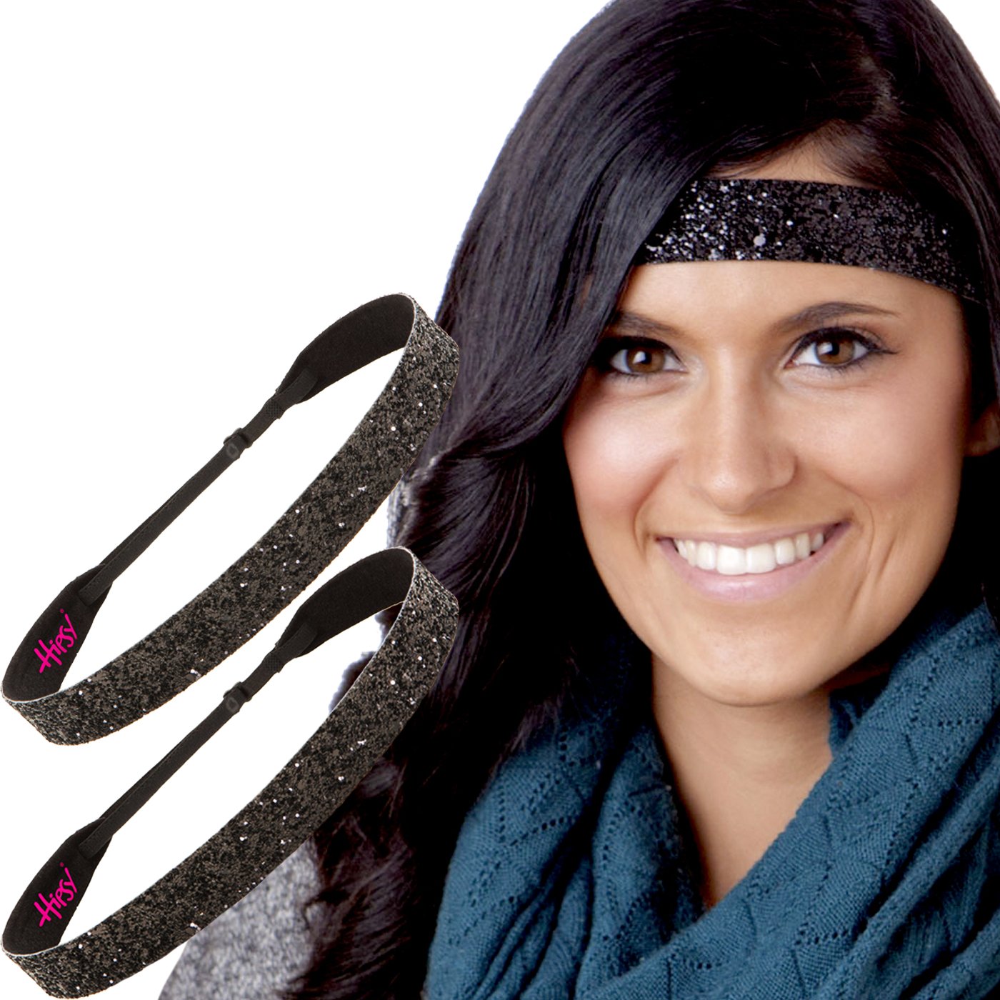 Hipsy Adjustable Non Slip Fashion Wide Bling Glitter Headbands for Women Girls & Teens 2-Pack (Black