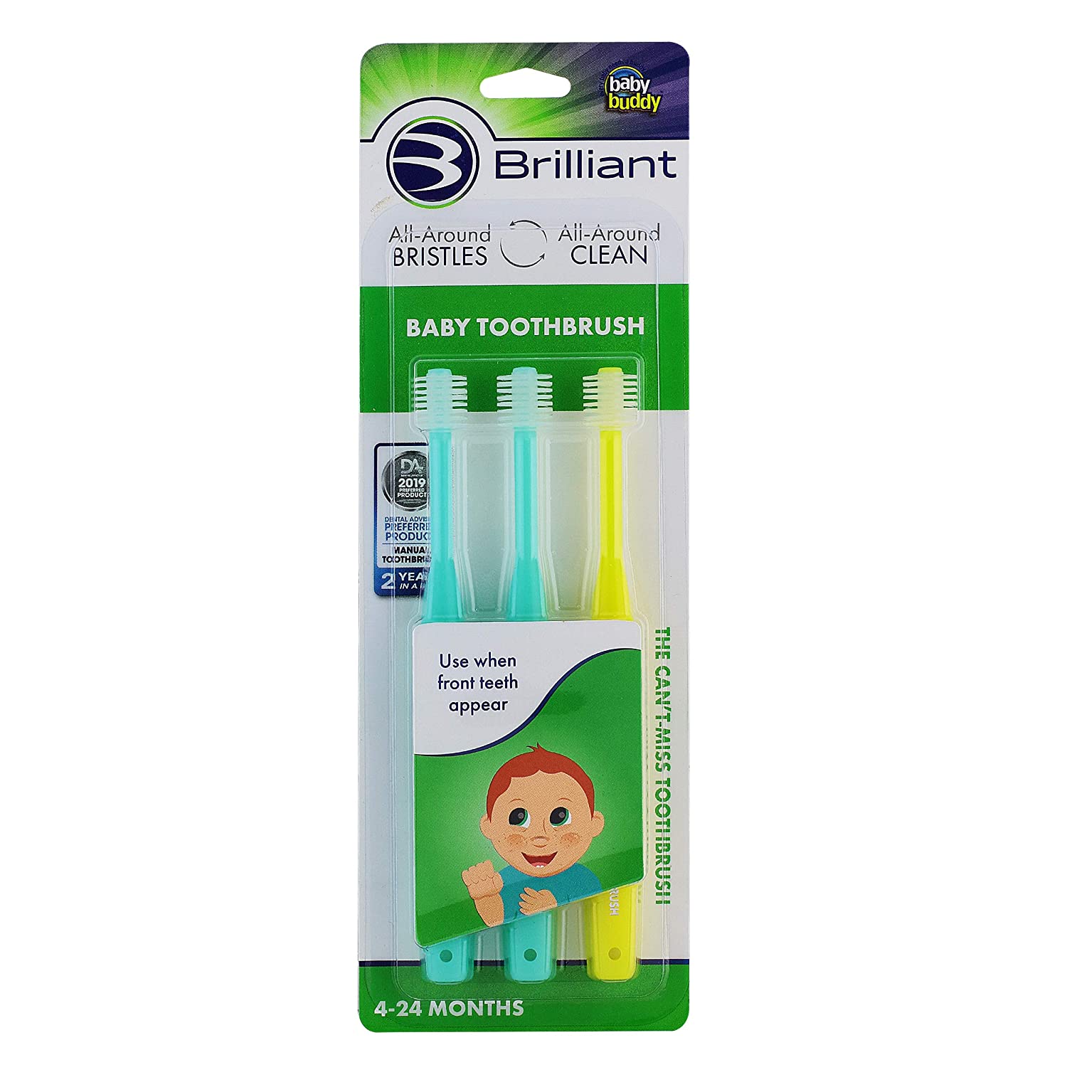 Brilliant Baby Toothbrush by Baby Buddy, Ages 4-24 Months, Round Head, Bristles Clean All-Around, 3p