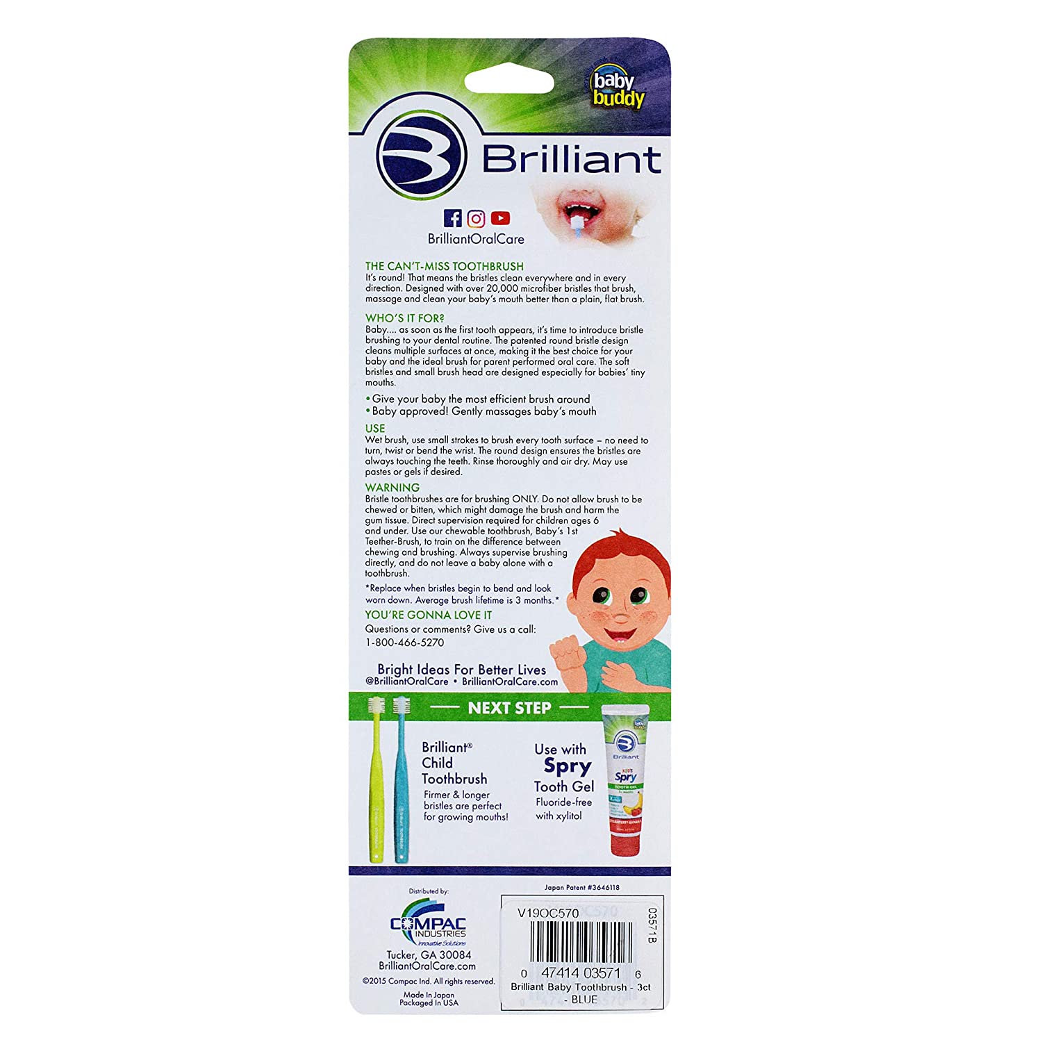 Brilliant Baby Toothbrush by Baby Buddy, Ages 4-24 Months, Round Head, Bristles Clean All-Around, 3p