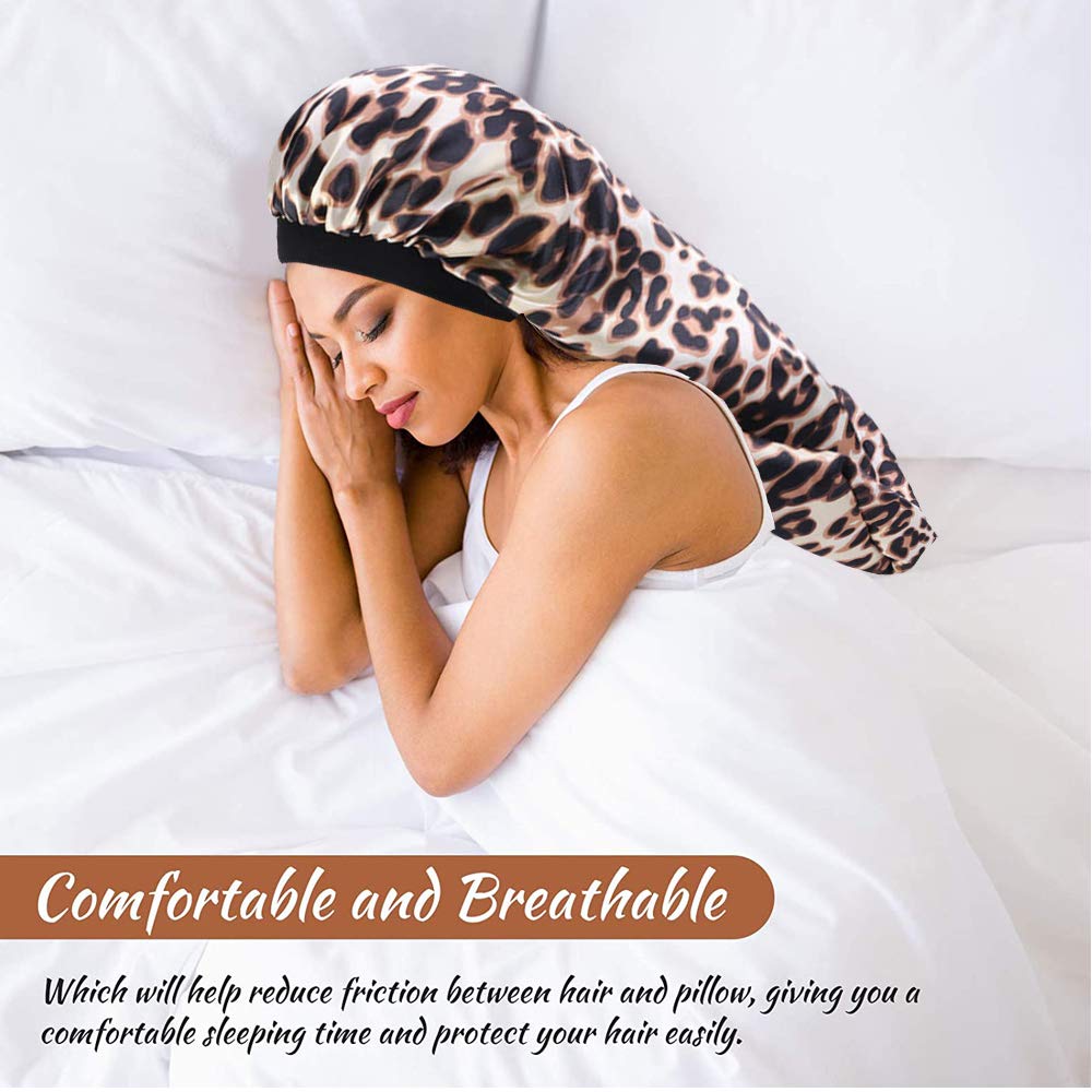 COOLCHI 3 Pack Large Long Satin Silk Bonnet Sleep Cap Hat Soft Elastic Band Night Sleeping Head Cove
