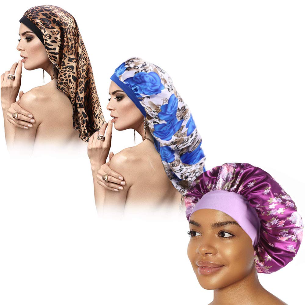 COOLCHI 3 Pack Large Long Satin Silk Bonnet Sleep Cap Hat Soft Elastic Band Night Sleeping Head Cove