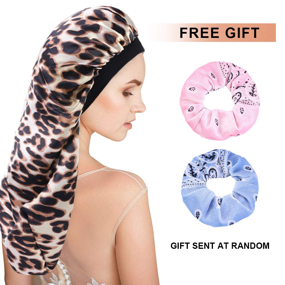 COOLCHI 3 Pack Large Long Satin Silk Bonnet Sleep Cap Hat Soft Elastic Band Night Sleeping Head Cove
