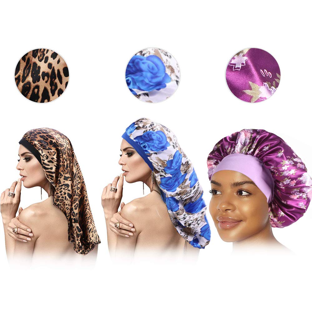 COOLCHI 3 Pack Large Long Satin Silk Bonnet Sleep Cap Hat Soft Elastic Band Night Sleeping Head Cove