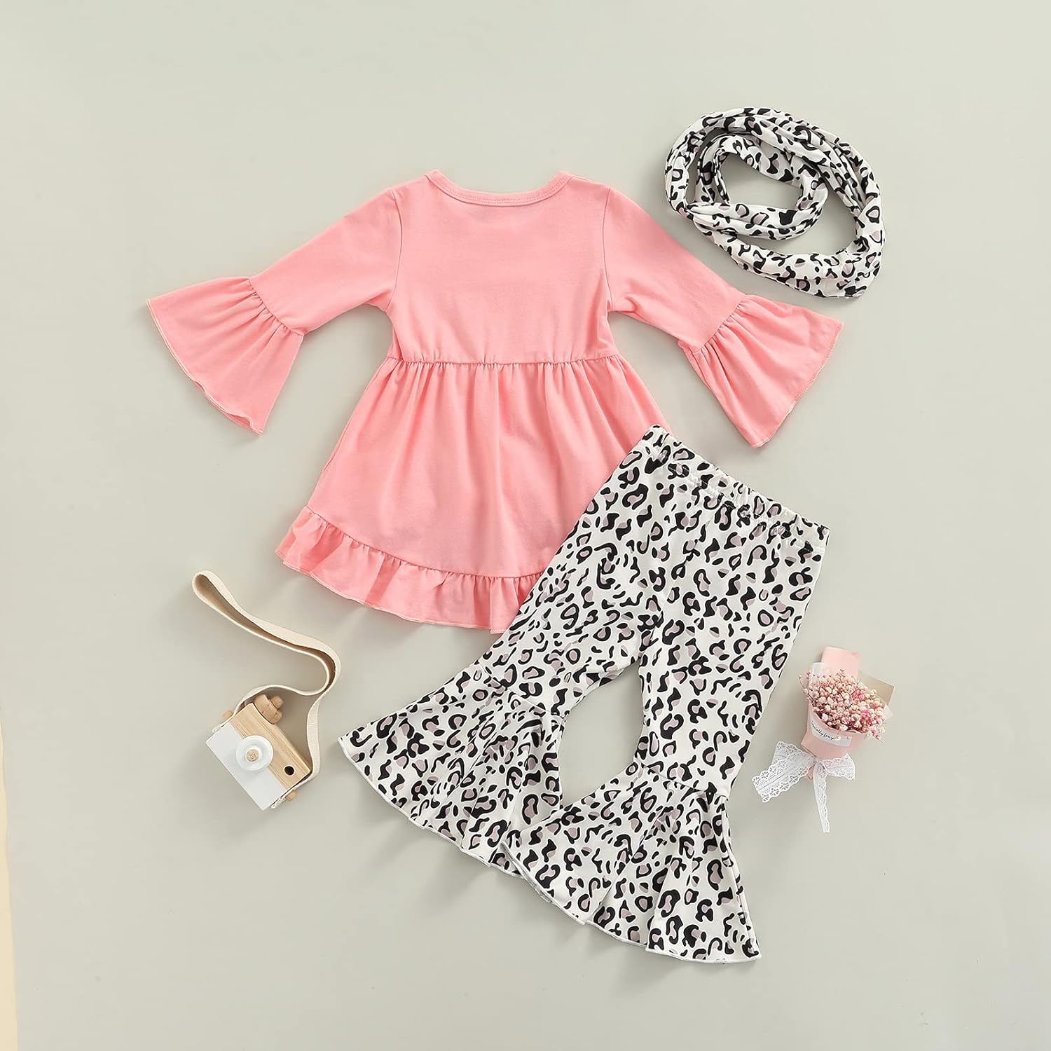 Toddler Baby Girl Fall Clothes Ruffle Long Sleeve T Shirt Tops Leopard Flare Pants 3Pieces Outfit Se