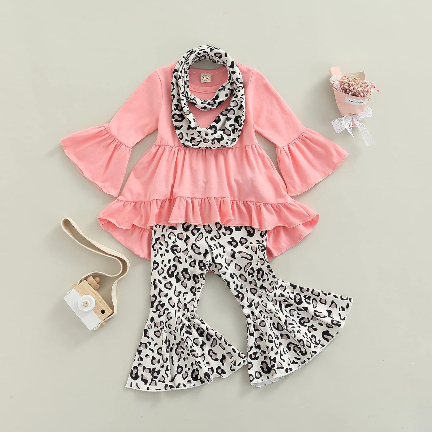 Toddler Baby Girl Fall Clothes Ruffle Long Sleeve T Shirt Tops Leopard Flare Pants 3Pieces Outfit Se