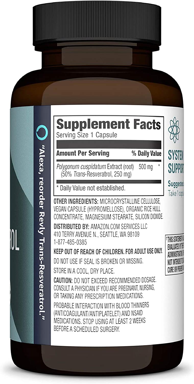 Amazon Brand - Revly Trans-Resveratrol, 250 mg, 60 Capsules, 2 Month Supply, Vegan
