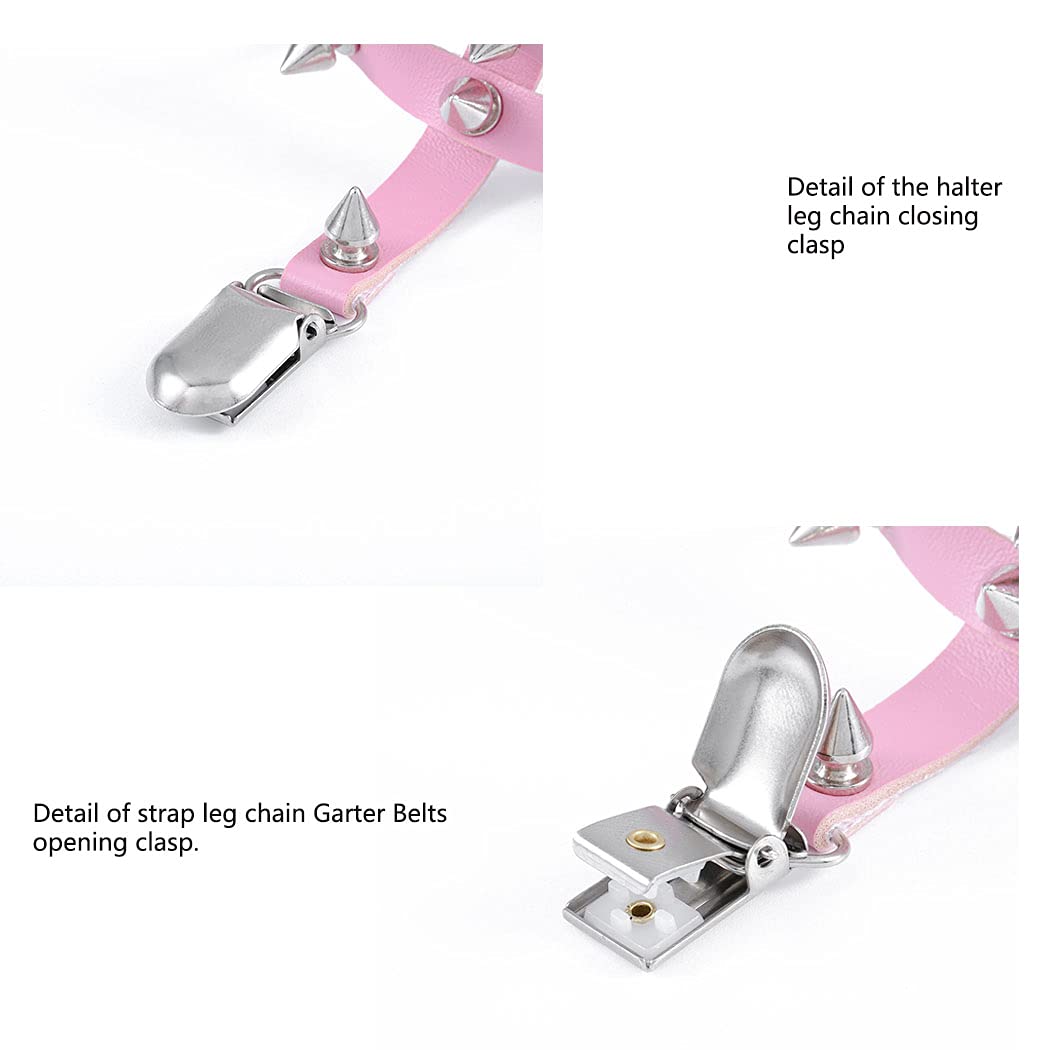 Bomine Punk Leg Chain Garter Belts Gothic Leather Thigh Chain Rivet Stud Pink Thigh Garter Belts Ela