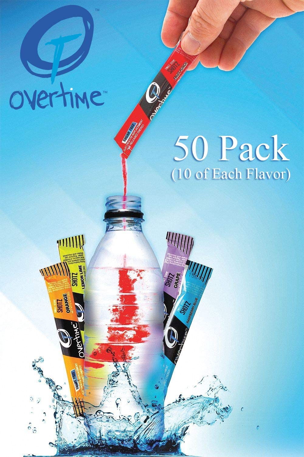 Overtime Electrolyte Replacement Drink Mix - Single Serve Variety Pack - Quantity of 50 (10 of Each 